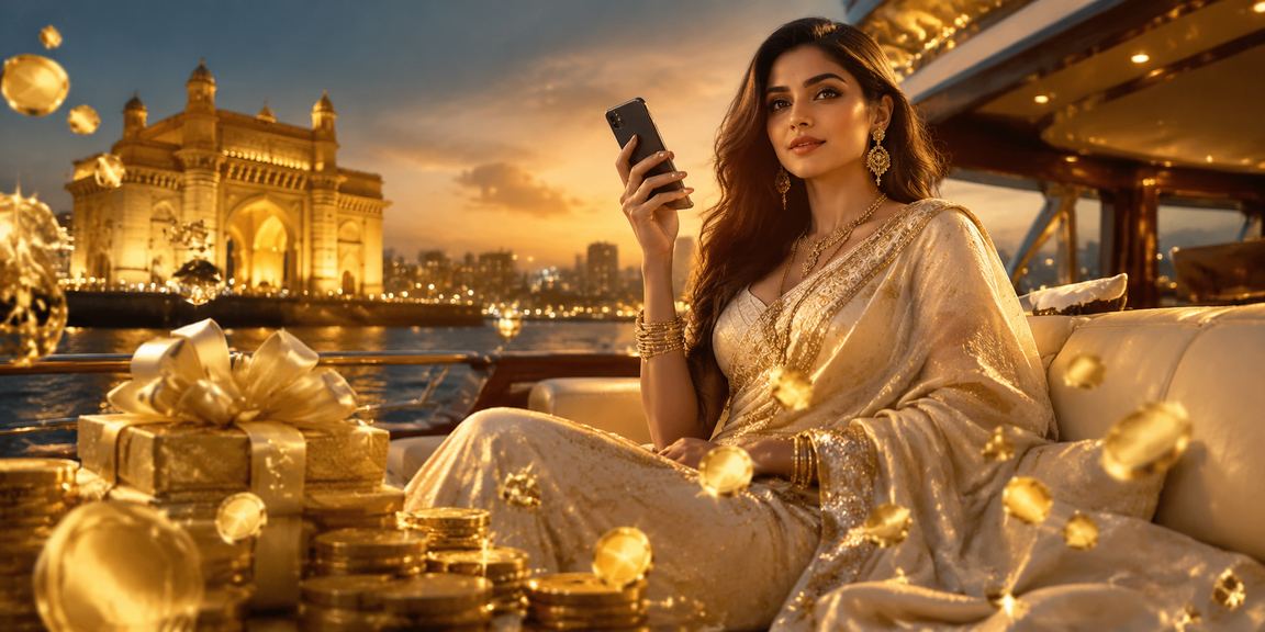 Indian woman using a mobile casino app in traditional saree