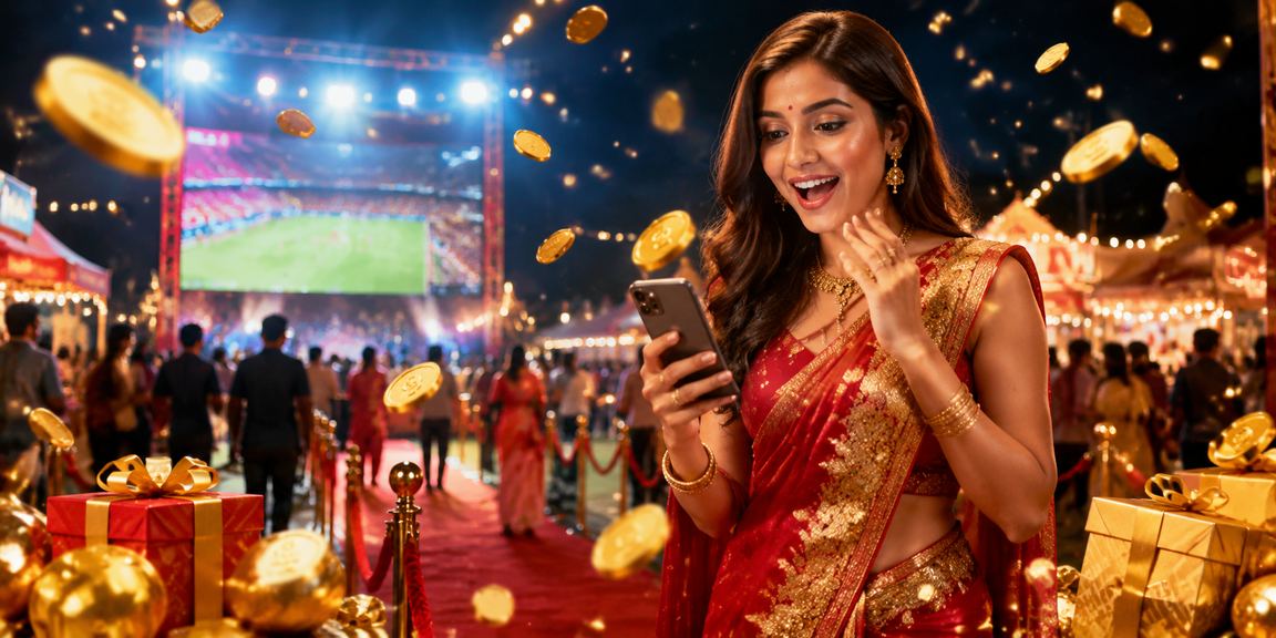 Indian woman enjoying cricket sports betting on mobile in saree